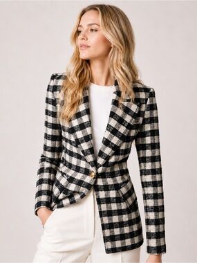SMYTHE Gingham Plaid Lounge Blazer in black and stone check size 4
